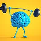 Illustration of a blue brain with arms and legs holding a barbell up on a yellow background.