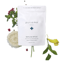 Bag of Pursoma Unplug Ritual Daily Bath Soak Salt surrounded by flowers and leaves.