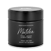 Container of Hello Goldie matcha adaptogen booster powder.