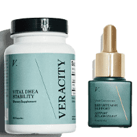 Container of Veracity Selfcare DHEA Stability supplements and bottle of Regenerating Infusion gel.