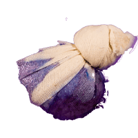 Lush Deep Sleep bath bomb with wet muslin package leaching out purple.