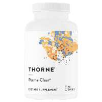 Bottle of Thorne Perma-Clear supplement capsules for immune function and healthy gut.