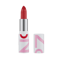 Open container of No7 Moisture Drench Lipstick in red next to its lid.